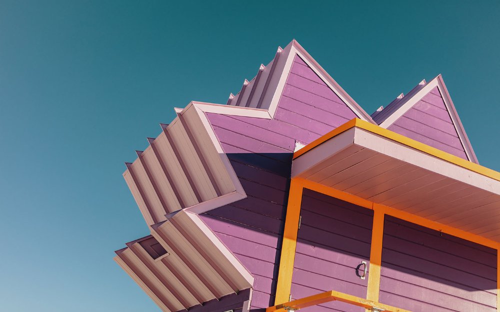 Close up detail of pink and purple lifeguard stand on Miami Beach