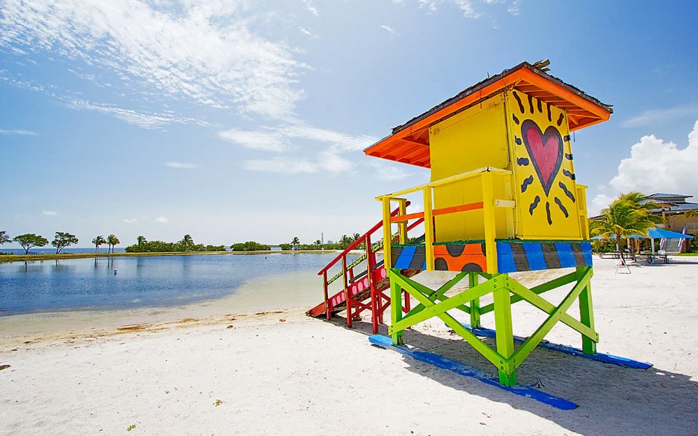 Homestead Bayfront Park beach and lifeguard stand with a heart