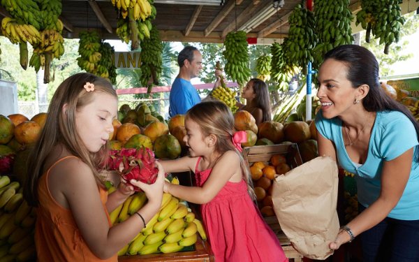 Family looking at tropical fruit at Robert Is Here Fruit Stand