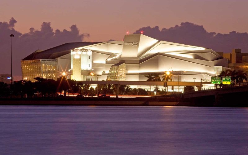 Glowing lights at the Arsht Center by the bay