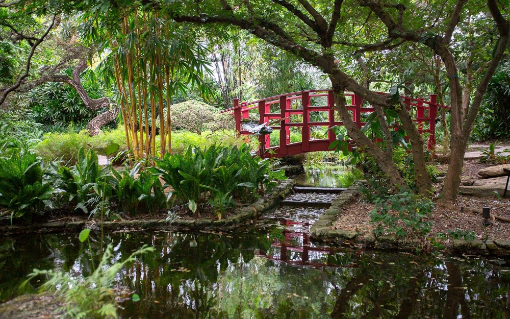 Red bridge and gardens at Miami Beach Botanical Garden