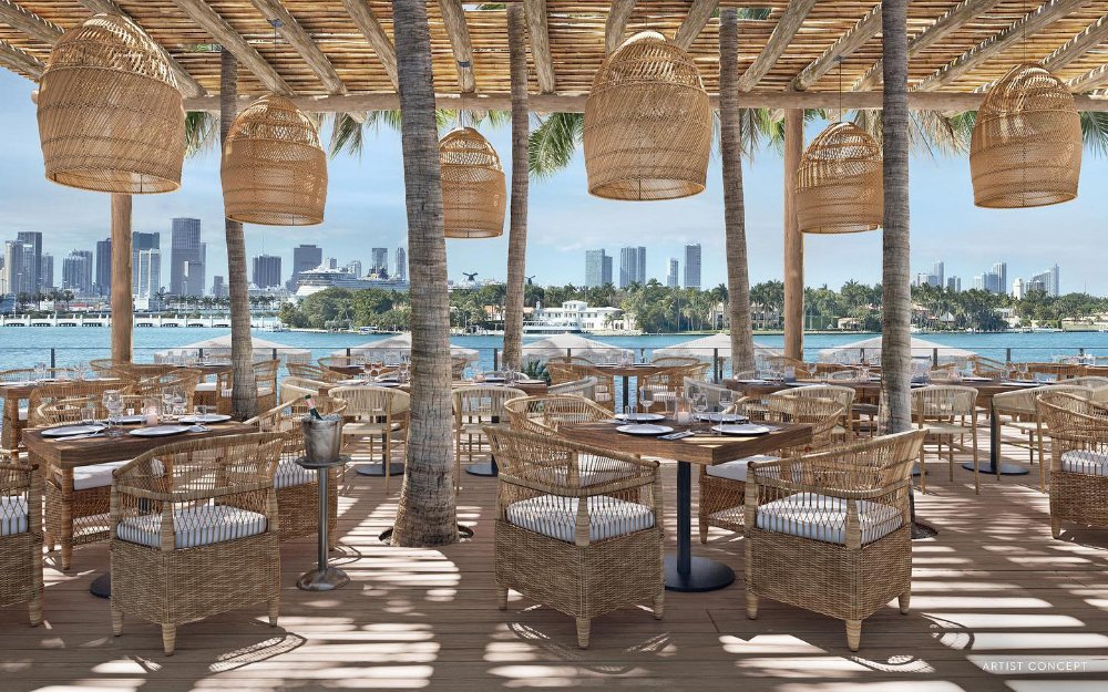 Waterfront dining area at Baia Beach Club Miami